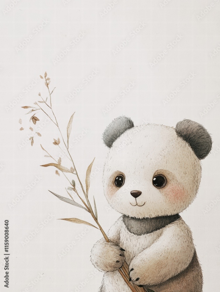 Poster Cute panda holding bamboo in a serene setting with ample space for text and decoration ideas. Generative AI
