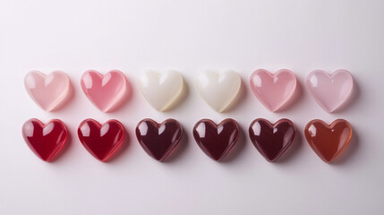 Obraz premium Colorful glass hearts on a clean white background, perfect for Valentine's Day decorations or romantic themes