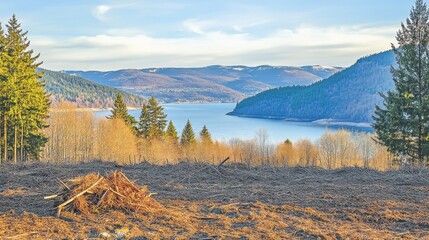 Serene Lake View with Golden Light and Green Forests