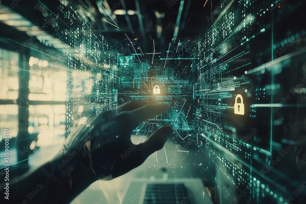 Poster a computer screen displays a person typing on a keyboard, with digital icons representing cybersecur