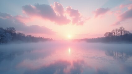 Thawing lake, Thawing lake beneath a pink sunset sky and rising mist