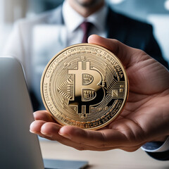 Close-Up of a Hand Holding a Shiny Bitcoin Coin with a Blurred Background, Highlighting Cryptocurrency and Blockchain Technology Concepts