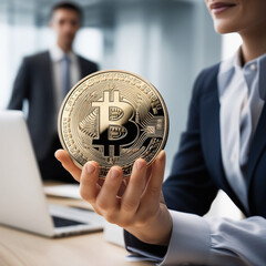 Close-Up of a Hand Holding a Shiny Bitcoin Coin with a Blurred Background, Highlighting Cryptocurrency and Blockchain Technology Concepts