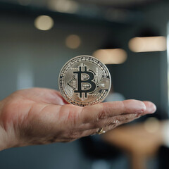 Close-Up of a Hand Holding a Shiny Bitcoin Coin with a Blurred Background, Highlighting Cryptocurrency and Blockchain Technology Concepts