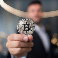Close-Up of a Hand Holding a Shiny Bitcoin Coin with a Blurred Background, Highlighting Cryptocurrency and Blockchain Technology Concepts
