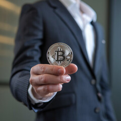 Close-Up of a Hand Holding a Shiny Bitcoin Coin with a Blurred Background, Highlighting Cryptocurrency and Blockchain Technology Concepts