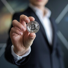 Close-Up of a Hand Holding a Shiny Bitcoin Coin with a Blurred Background, Highlighting Cryptocurrency and Blockchain Technology Concepts