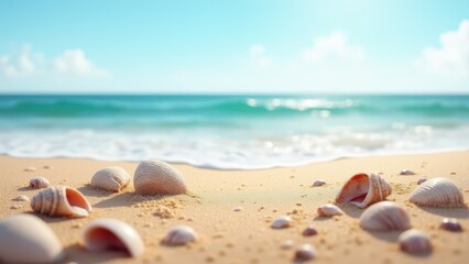 Obraz premium Wet soil, Beachside thaw, ocean meeting sky in background, wet soil with sand and seashells foreground.