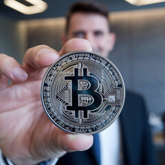 Close-Up of a Hand Holding a Shiny Bitcoin Coin with a Blurred Background, Highlighting Cryptocurrency and Blockchain Technology Concepts