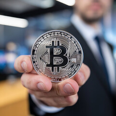Close-Up of a Hand Holding a Shiny Bitcoin Coin with a Blurred Background, Highlighting Cryptocurrency and Blockchain Technology Concepts
