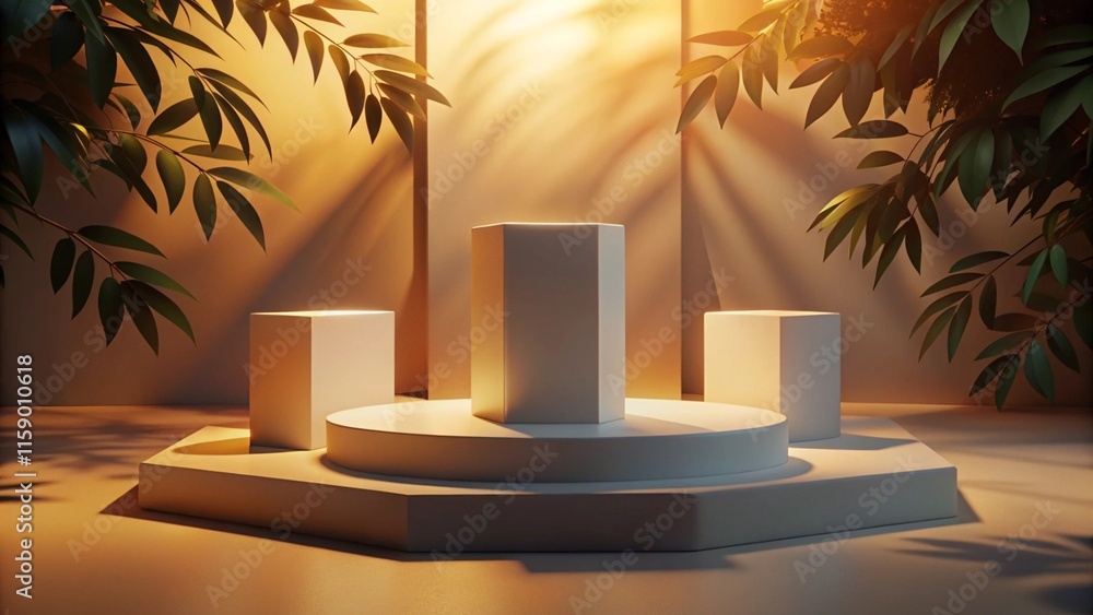 Aufkleber abstract minimal nature scene - empty stage with three white rectangle podiums on beige background a