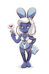Illustration of a hare girl with bionic prosthetic legs in a cute cartoon style.