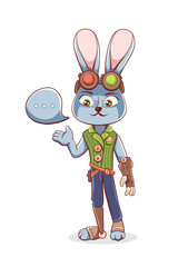 Illustration of a hare with a bionic prosthetic arm in a cute cartoon style.