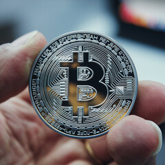 Close-Up of a Hand Holding a Shiny Bitcoin Coin with a Blurred Background, Highlighting Cryptocurrency and Blockchain Technology Concepts