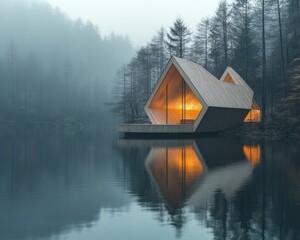 Fototapeta premium Floating geometric pavilion on a tranquil lake in a misty forest high-resolution architectural photography