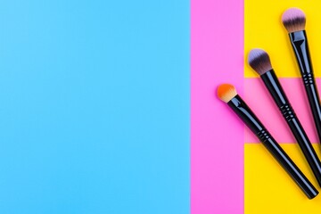 Naklejka premium A flat lay of makeup products and decorative cosmetics on a colored background, illustrating a fashion and beauty blogging concept.