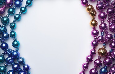 Fototapeta premium Colorful decorative beads in vibrant shades of blue, purple, and gold arranged creatively on a white background, perfect for party themes or festive celebrations