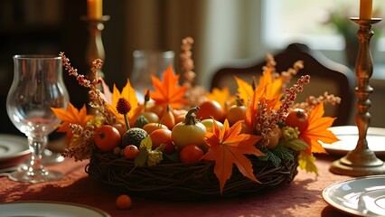Concetto di decorazione per tavola delle feste, centrotavola o corona con frutti e foglie di stagione
