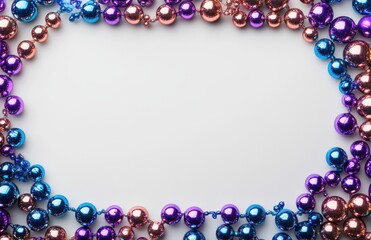 Fototapeta premium Colorful Decorative Beads in Vibrant Shades of Purple, Blue, and Copper Framing an Empty Space Ideal for Text or Other Design Elements