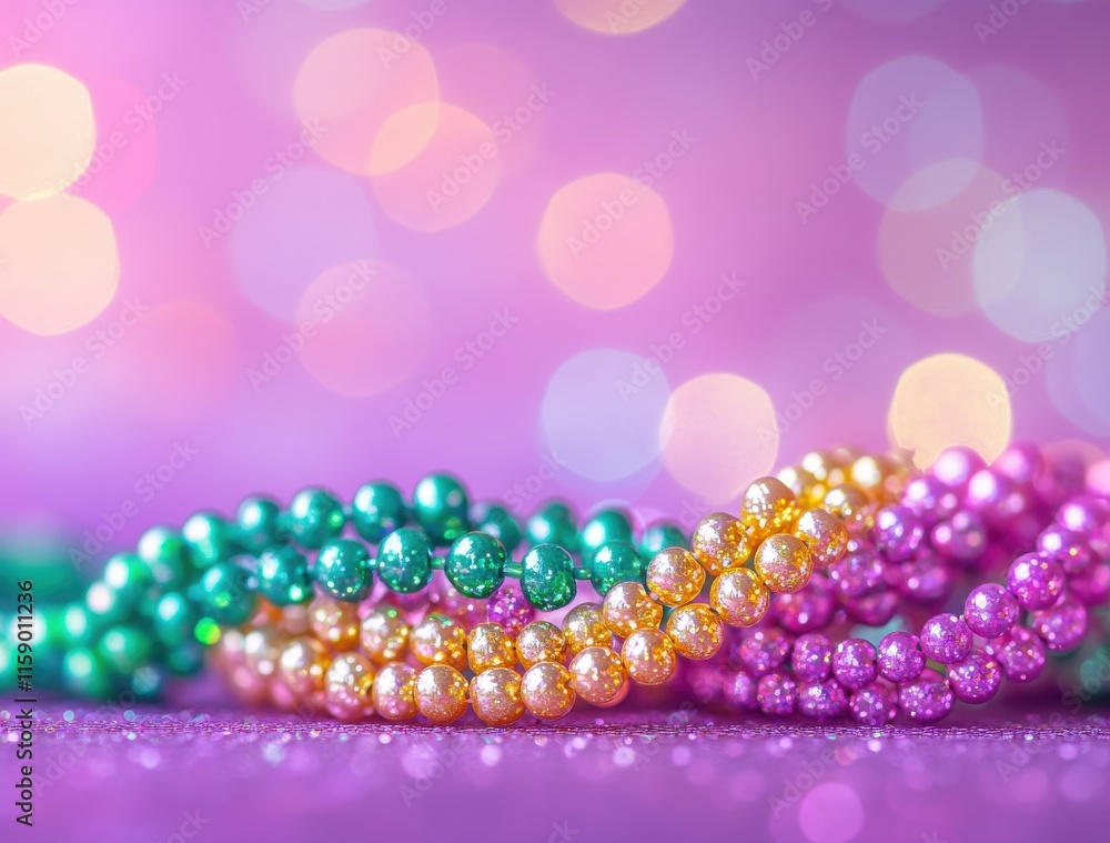 Poster colorful decorative beads on a glittery background with soft bokeh effect creating an elegant and fe
