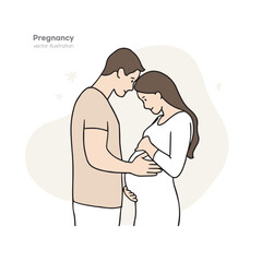 This is an illustration of a husband touching his full-term wife's belly lovingly. This is a hand-drawn illustration of motion.
