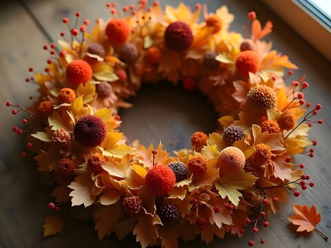 Concetto di decorazione per tavola delle feste, centrotavola o corona con frutti e foglie di stagione