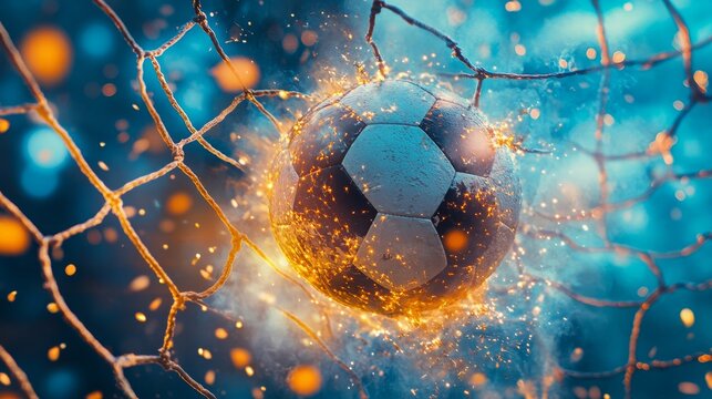 close-up of a soccer ball hitting the net with dynamic motion blur and glowing particles scattering in the air, 16:9