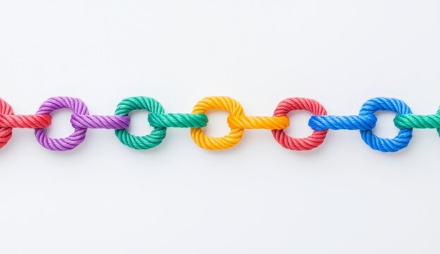 A circle-shaped group of ropes, illustrating a connection network and connected diversity, creates a connected network in a horizontal layout, representing business or social media connectivity.