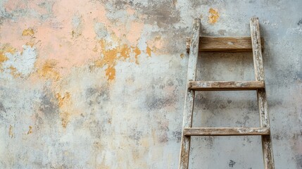 Rustic wooden ladder against a peeling, textured wall. Perfect for themes of renovation, age, or reaching goals.