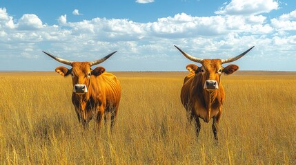 Two brown oxen stand in a tall grass field under a bright blue sky with fluffy white clouds.