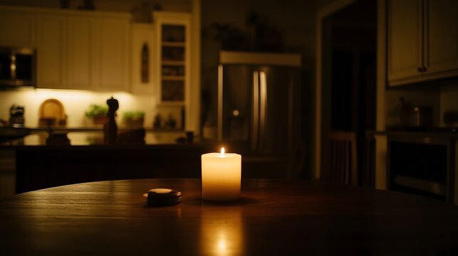 Dark room with single candle flickering on wooden table during power outage, creating serene atmosphere with soft glow illuminating scattered items.