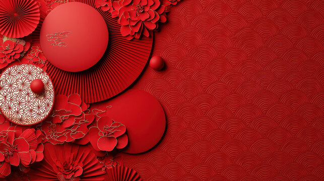chinese new year 2025 concept. Elegant red patterns with floral elements and circular shapes