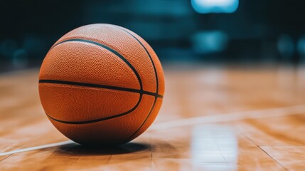 Naklejka premium Close-Up of a Basketball on a Wooden Court Surface in Low Light