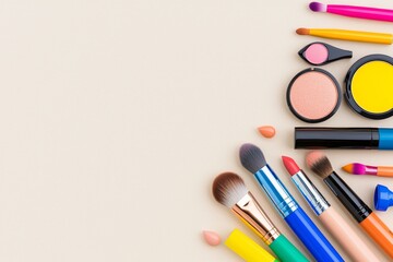 Naklejka premium A frame crafted from decorative cosmetics featuring lipsticks on a beige background.