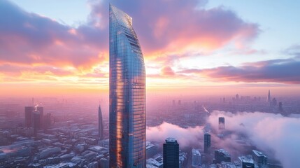 Futuristic skyscraper with curved glass facade urban landscape high-fidelity image aesthetic viewpoint modern architecture concept