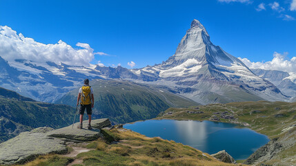 A hiker standing on a mountain peak overlooking a stunning Swiss Alpine panorama
