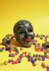 Colorful Decorative Mask Surrounded by Brightly Colored Beads in a Festive Arrangement on a Vibrant Yellow Background for Carnival Celebrations and Themes