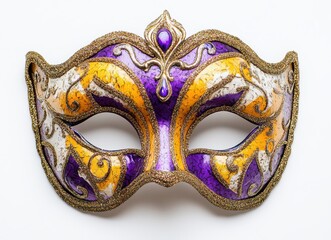 Colorful Decorative Mask with Intricate Design in Purple, Gold, and White Perfect for Celebrations, Festivals, and Costume Parties Featuring Elegant Patterns and Sparkling Accents