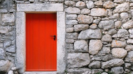 Bright Orange Door Framed by Rustic Stone Wall in Natural Setting