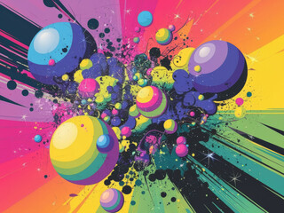 Obraz premium Vibrant abstract cosmic explosion with colorful spheres and energetic splashes