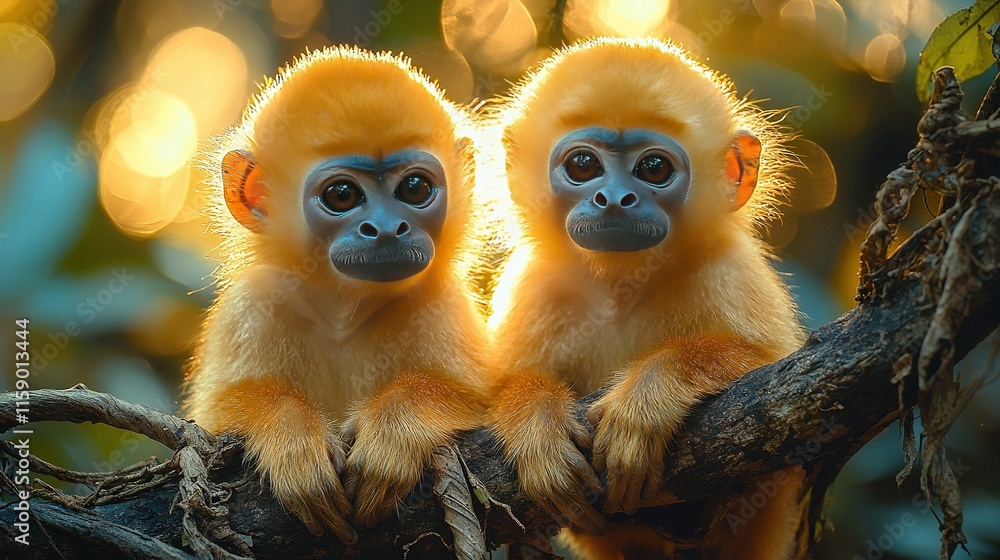 Poster a pair of monkeys perched on a tree limb in front of a fuzzy backdrop of the woods