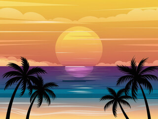 Tropical sunset with palm silhouettes over vibrant ocean horizon