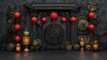 chinese new year 2025 concept. Intricate steampunk decor with red lanterns and gears for celebration