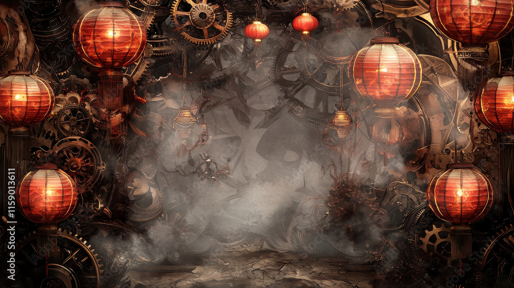 Poster chinese new year 2025 concept. steampunk themed background with intricate gears and red lanterns, cr