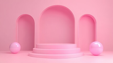 Pink Abstract Background With Three Tiered Platform And Spheres