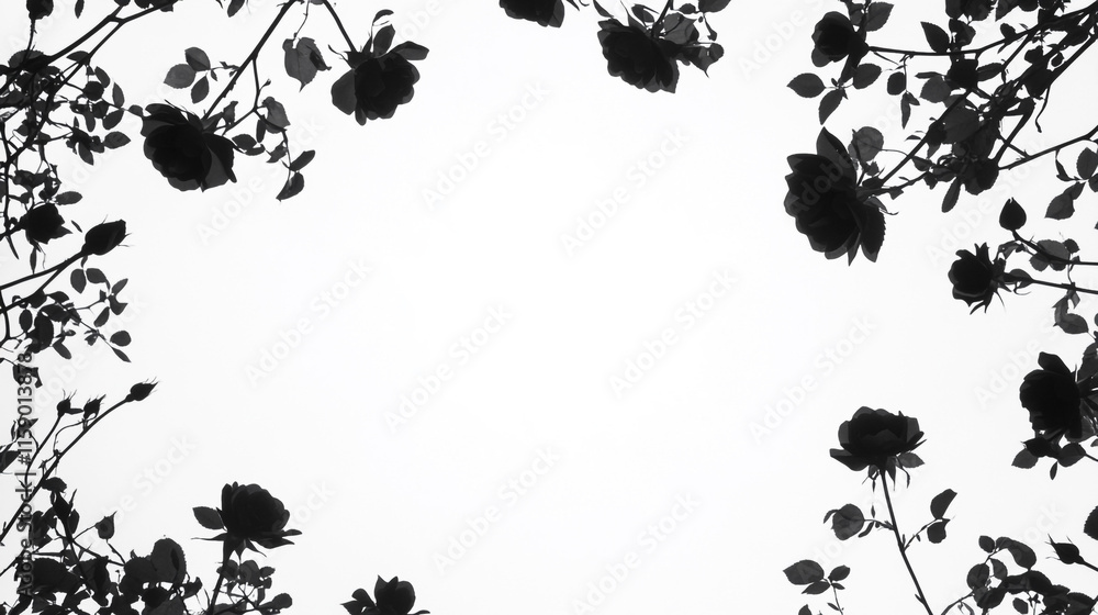 Poster dark roses frame a blank background with delicate leaves creating a unique composition