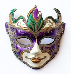 Colorful decorative masquerade mask with intricate designs featuring shades of purple, green, and gold, symbolizing celebration and mystery during festive occasions.
