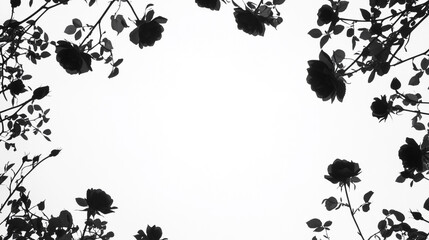 Dark roses frame a blank background with delicate leaves creating a unique composition