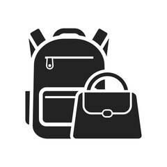 Bundle set pictograms: icons of bags, including backpack, pouch, and handbag, on a white background