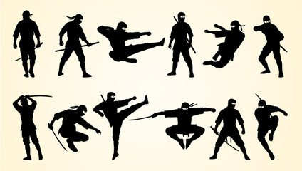 Silhouettes of ninjas in dynamic poses showcasing martial arts, combat skills, and weapons.